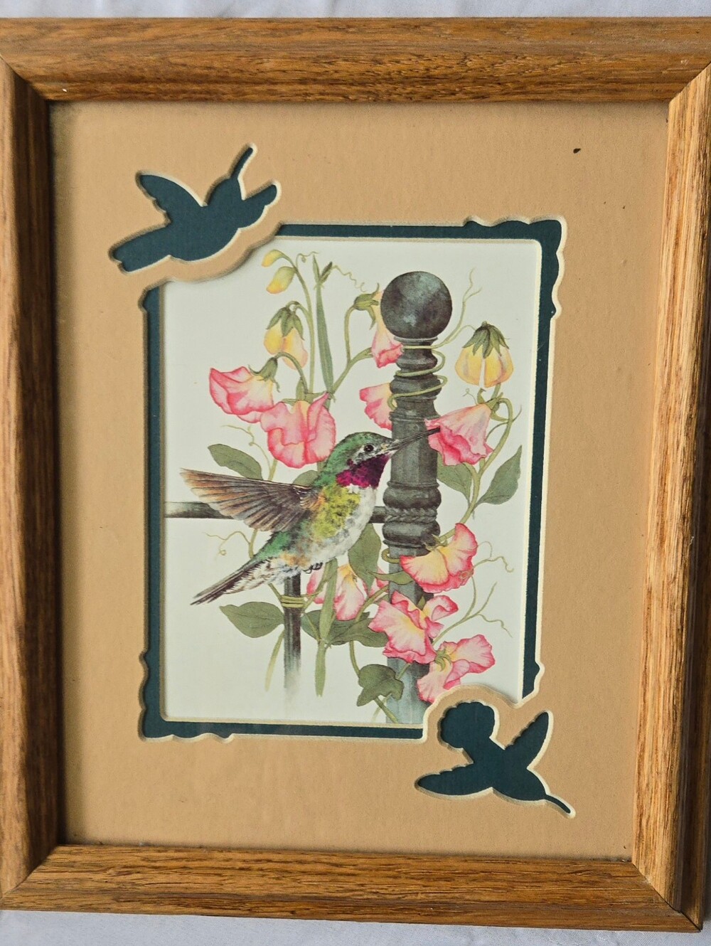 Framed Ruby-throated hummingbird Floral Print Hummingbird Matte Tan Green Pink